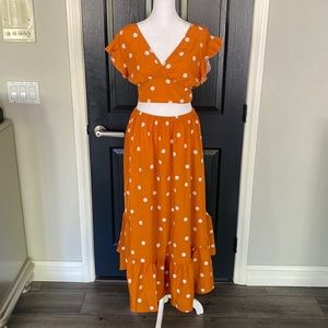 SHEIN VCAY Polka Dot Print Butterfly Sleeve Crop Top & Ruffle Hem Skirt Size L
